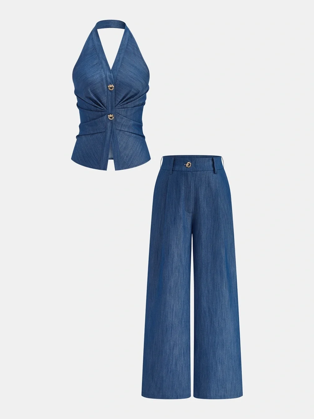 Faux Denim Halter Ruched Top & Pants Set - Picture 1 of 16